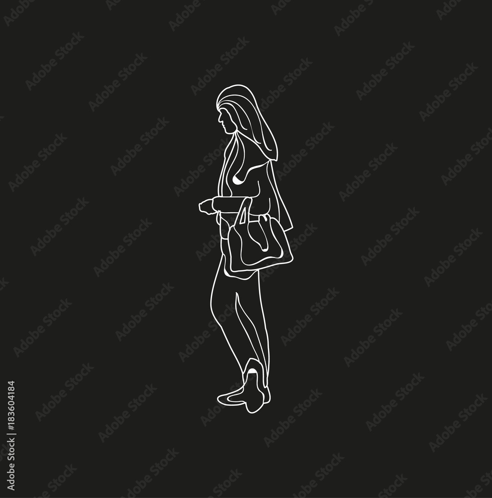  sketch on a black background girl with a bag