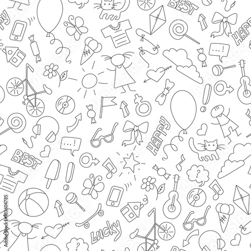 Seamless pattern on the theme of childhood, fun and friendship, a simple hand-drawn icons, dark contours on white background