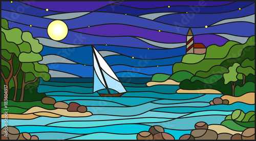 Stained glass illustration with sea views, sailing in rocky Bay on the background of sea , moon and starry sky