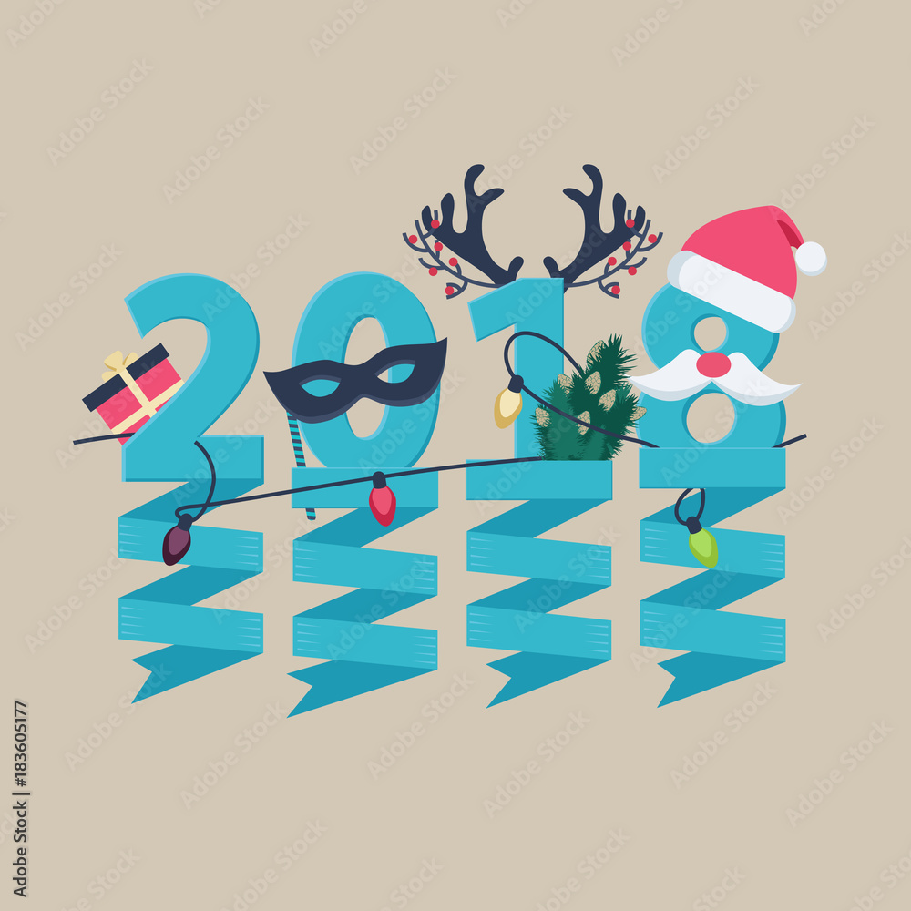Fototapeta premium 2018 New Year greeting card design with party streamers hanging from blue numerals decorated with Christmas lights, a gift, robin, tree and antlers
