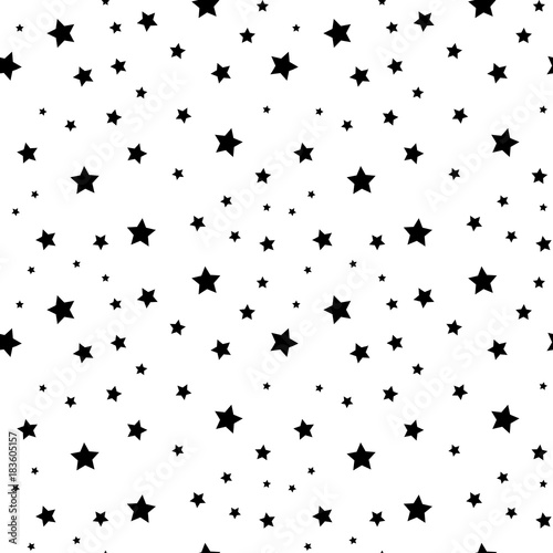 Star seamless pattern. White and black retro background. Chaotic elements. Abstract geometric shape texture. Effect of sky. Design template for wallpaper wrapping  textile. Vector Illustration