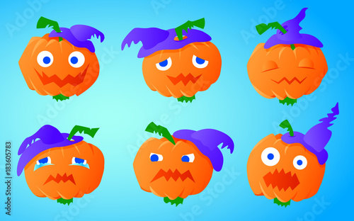 Funny pumpkin with a hat on a blue background. Different emotions for Halloween.