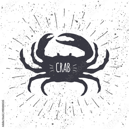 Hand drawn crab icon in black and white color with textured background. Marine fresh food logo for restaurant menu, seafood shop design