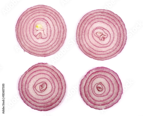 Sliced up red onion isolated on white background, top view