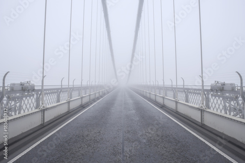 Clifton Suspension Bridge from the middle of the road in the fog