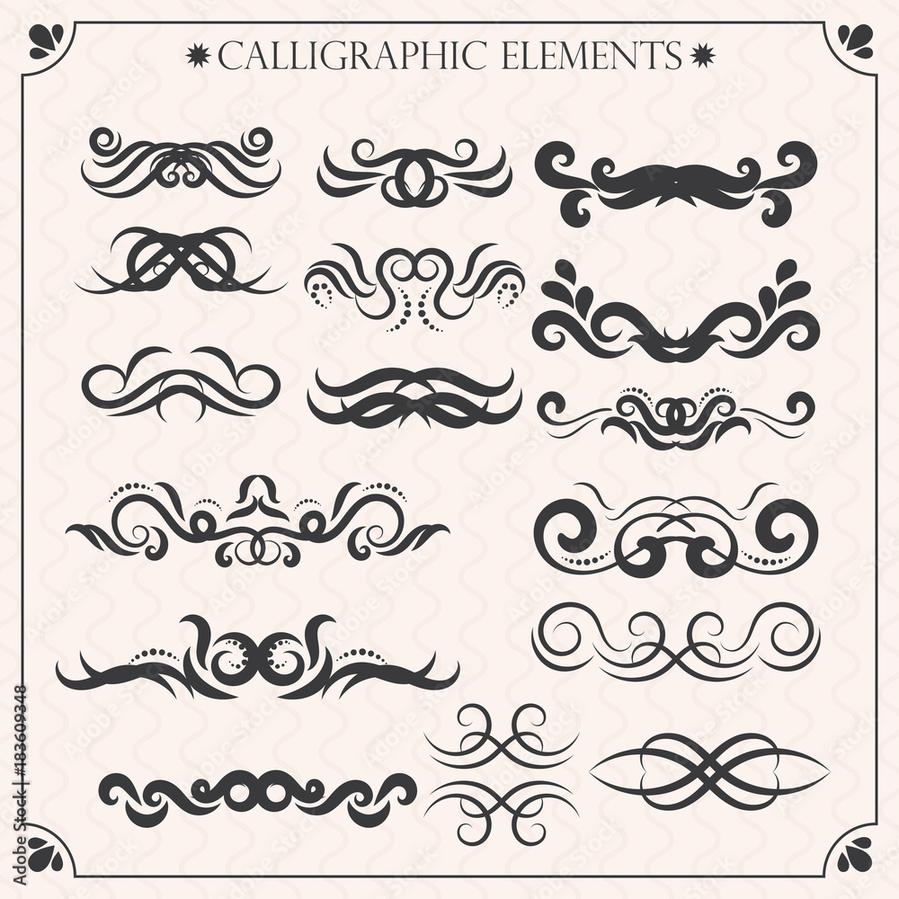 Vector set of calligraphic design elements and page decorations. Elegant collection of hand drawn swirls and curls for your design. Isolated on beige background. Vector set of calligraphic design elements and page decorations. Elegant collection of hand drawn swirls and curls for your design. Isolated on beige background.