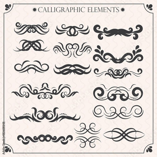 Vector set of calligraphic design elements and page decorations. Elegant collection of hand drawn swirls and curls for your design. Isolated on beige background.