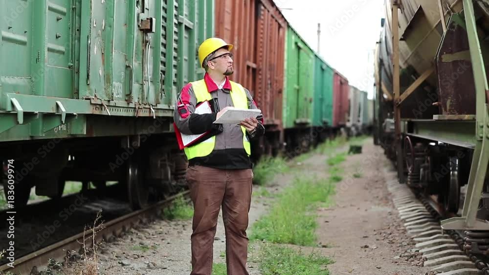 Railwayman with works documents. Railroadman in hard hat with work scheme in hands. Inspector of railway traffic on freight station makes notes. Railway employee between goods trains Railwayman with works documents. Railroadman in hard hat with work scheme in hands. Inspector of railway traffic on freight station makes notes. Railway employee between goods trains