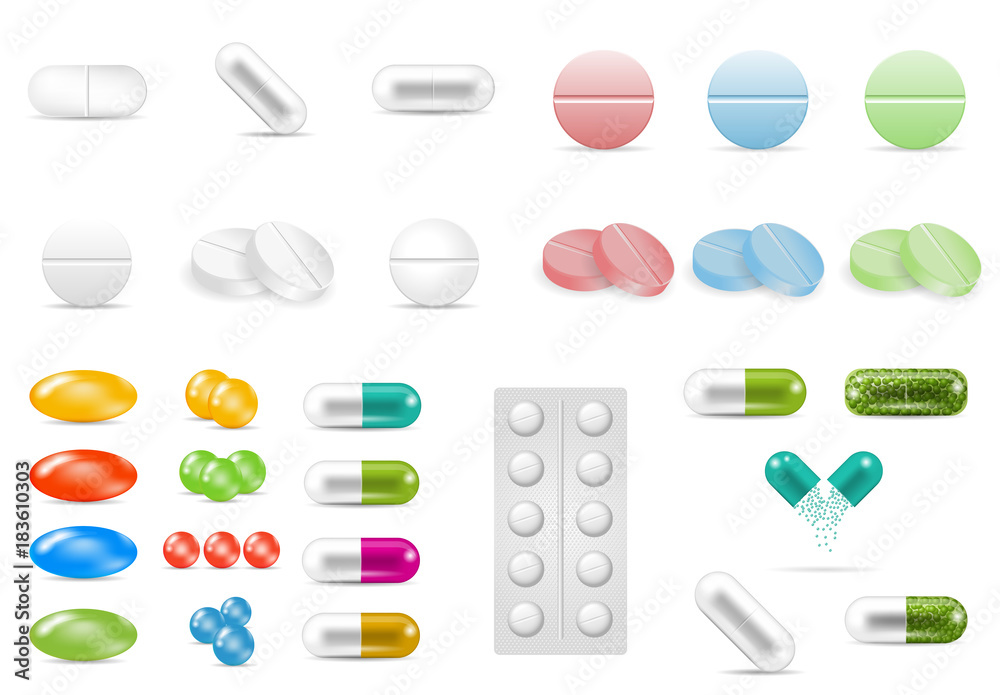 Set of pills in different forms and shapes isolated on the white background. Tablets of various colors. Medicine and drugs.