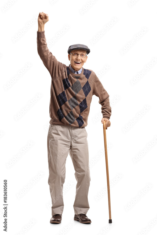 Senior with a cane gesturing happiness Senior with a cane gesturing happiness