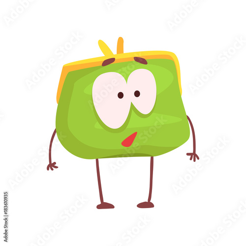 Cute purse character, funny green humanized pouch cartoon vector illustration