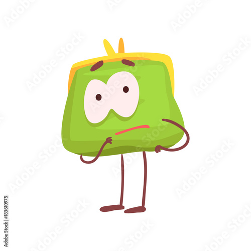 Cute thoughtful purse character, funny green humanized pouch cartoon vector illustration