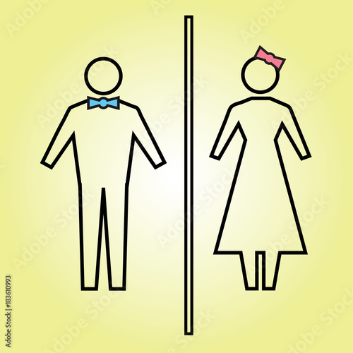 Flat vector: icon of a man and a woman on a yellow background. Isolated toilet sign.  A gentleman in a blue butterfly, a lady with a pink bow on her head.