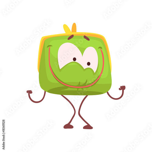 Cute happy smiling purse character, funny green humanized pouch cartoon vector illustration