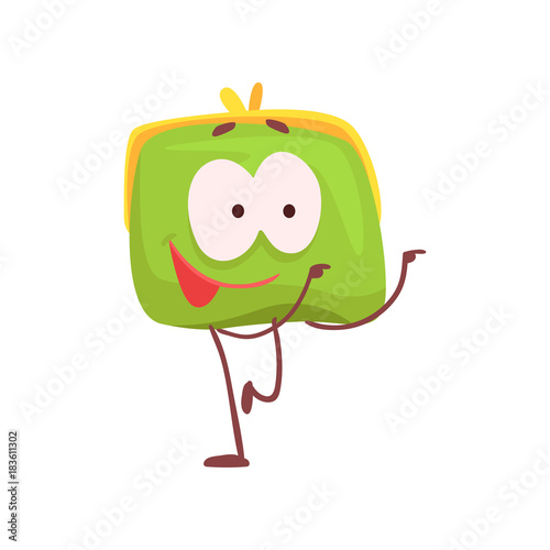 Cute funny happy purse character, green humanized pouch cartoon vector illustration