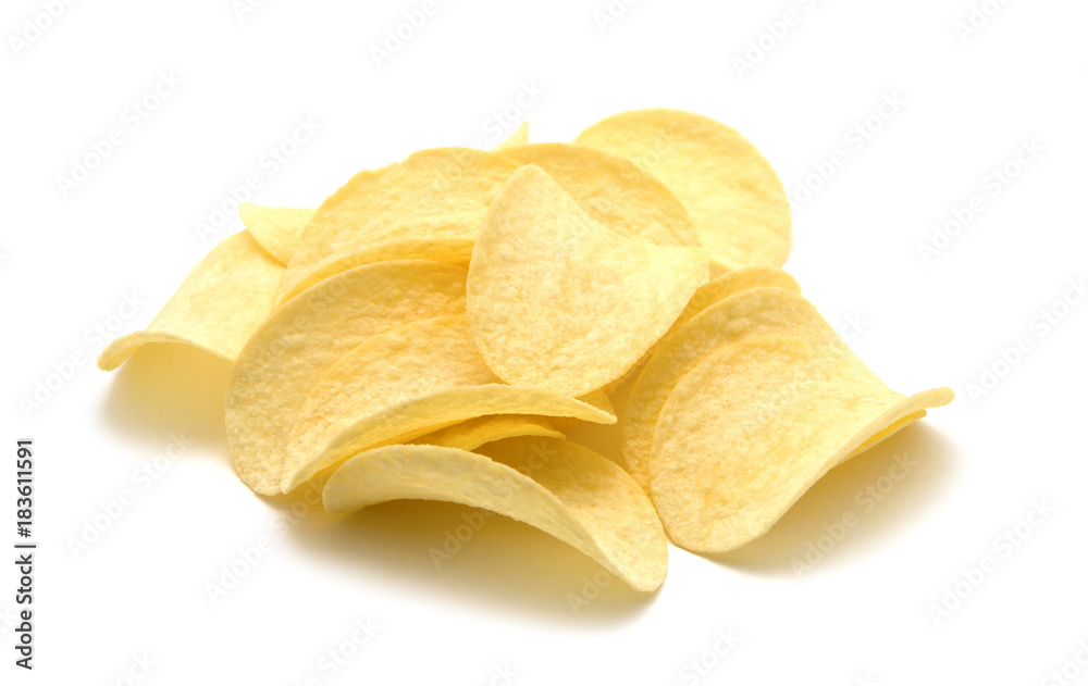 Potato chips isolated white background.