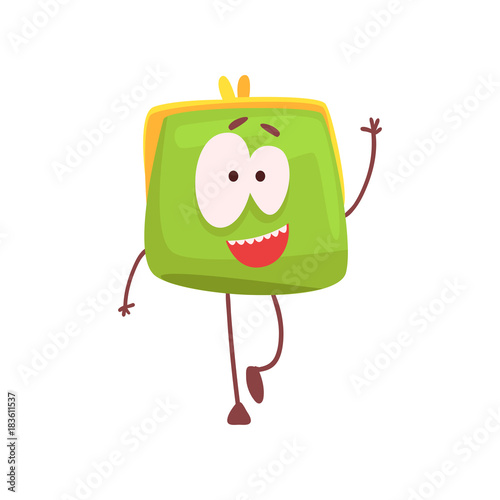 Cute smiling purse character waving its hand, funny green humanized pouch cartoon vector illustration
