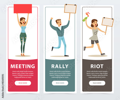 Meeting, rally, riot banners set, angry people with picket signs and bottle of molotov cocktail expressing demands and protesting flat vector elements for website or mobile app