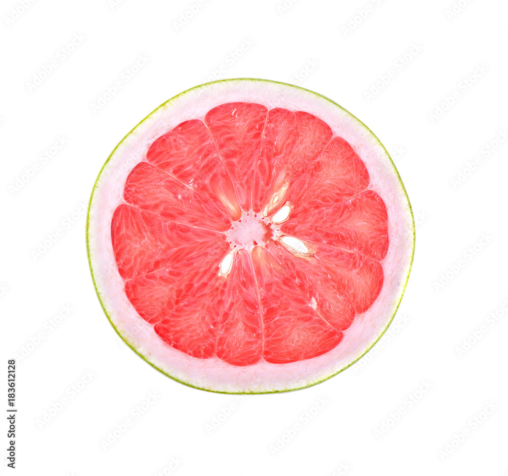 red grapefruit sliced on white background
