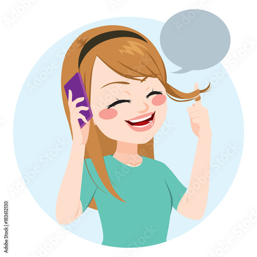 Young teenager girl talking happy and flirting with her phone and blank speech balloon
