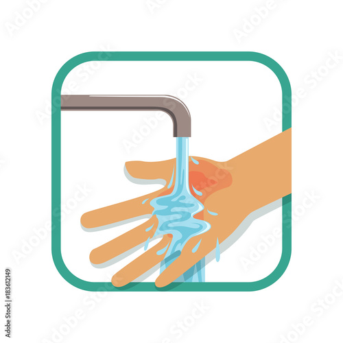 Human's burned hand under cool running water. Treatment for first degree burns. Injury concept. Flat vector design for poster, flyer or educational book