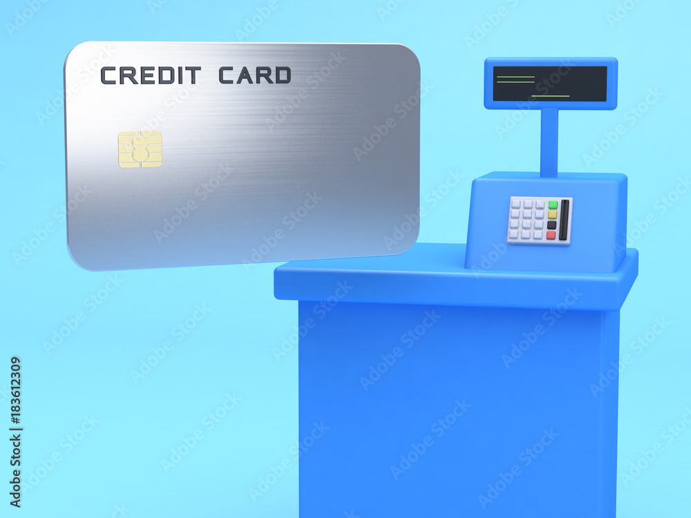 blue scene cashier machine silver credit card 3d rendering business concept blue scene cashier machine silver credit card 3d rendering business concept