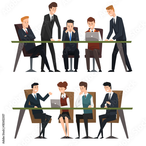 Group business people working in office. Men dressed in classic black suits and ties. Assistant work on laptop. Brainstorming or teamwork. Flat vector design