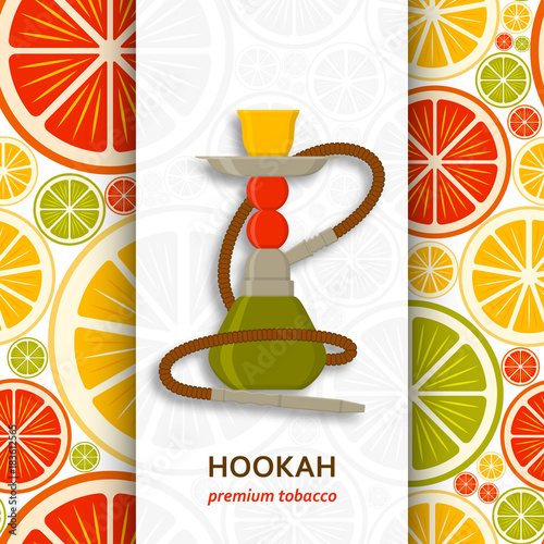 Hookah background with pipe for smoking tobacco and shisha. Pattern with fruits at the back. Vector illustration