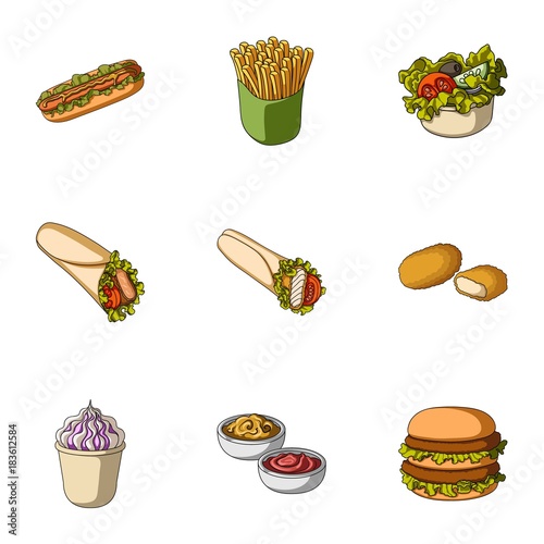 Refreshments, snacks, fast, and other web icon in cartoon style.Hot, dog, bun, icons in set collection.