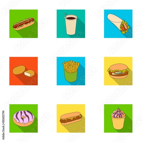 Refreshments, snacks, fast, and other web icon in flat style.Hot, dog, bun, icons in set collection.
