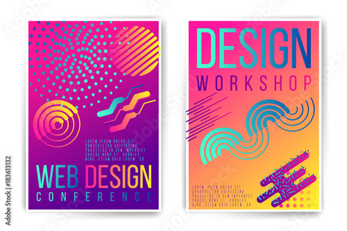 Design workshop, design conference placard. Vector neon fluid abstract poster template. Minimal modern presentation, brochure, cover. Trendy colors edition. Easy to modify and add text.