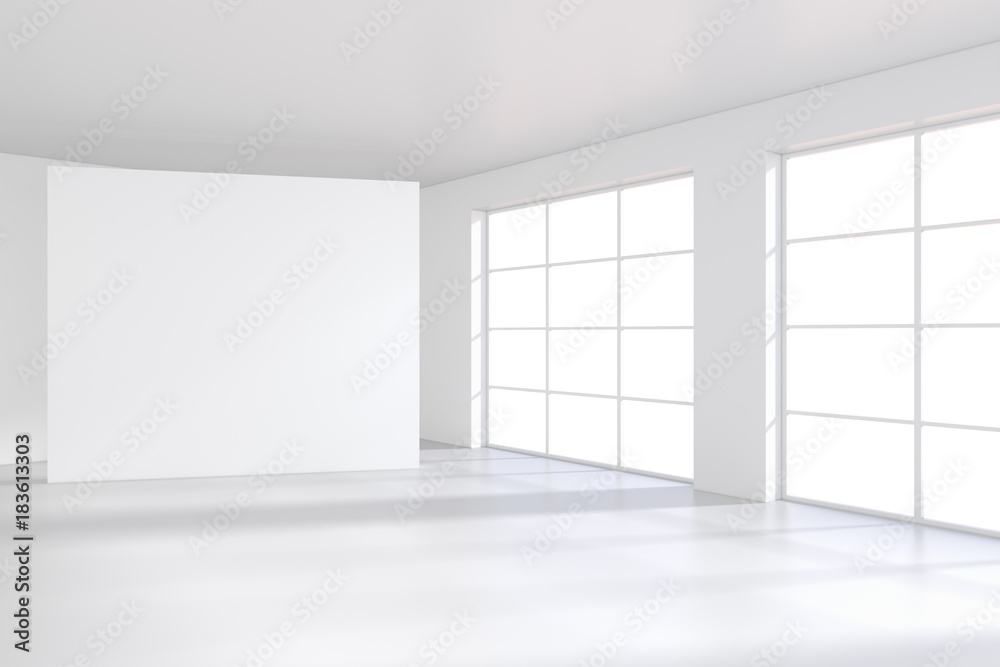 Large white billboard standing near a window in a white room. 3D rendering. Large white billboard standing near a window in a white room. 3D rendering.