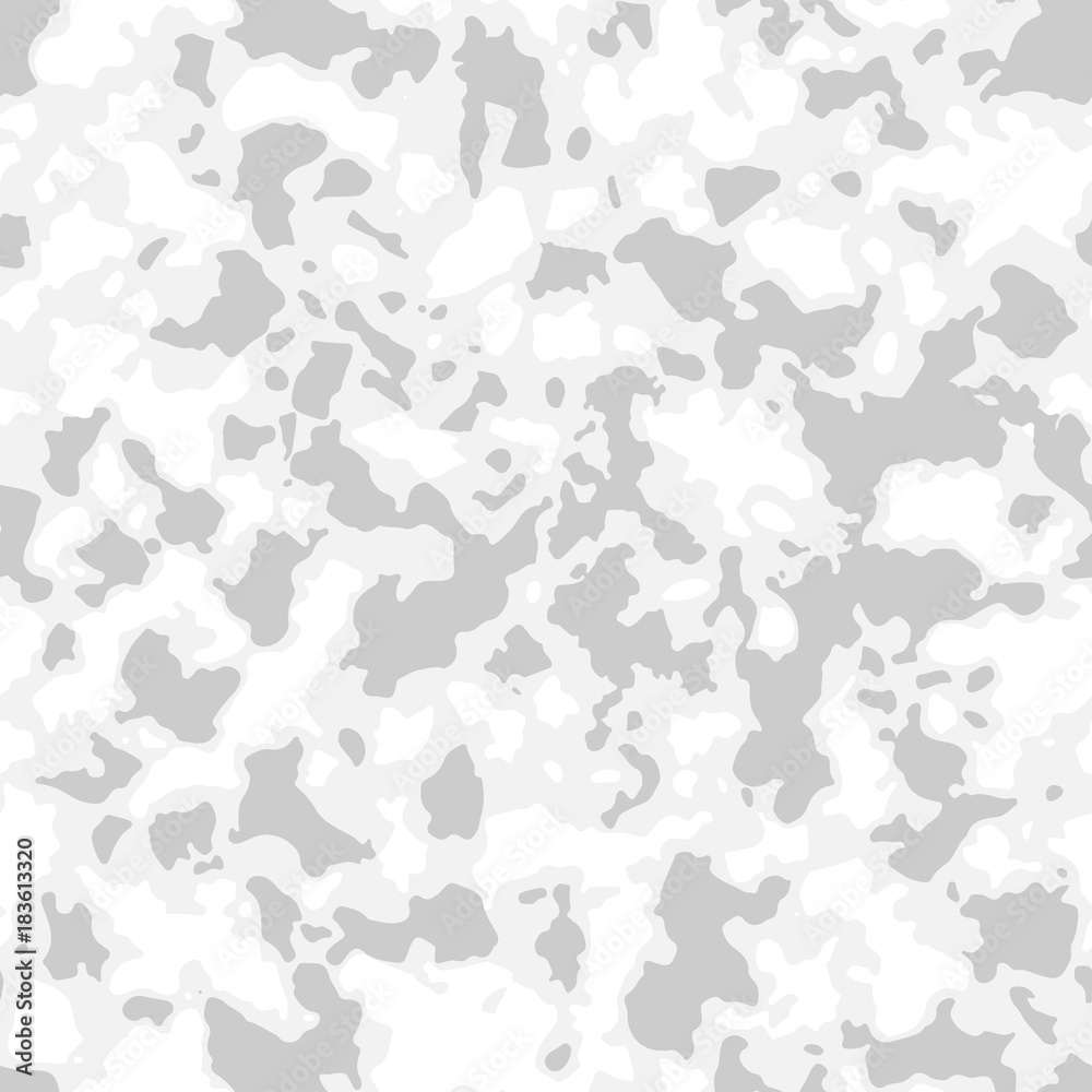 Seamless camouflage pattern with mosaic of abstract stains. Winter or arctic military camo background in light sgrey snowy colors.