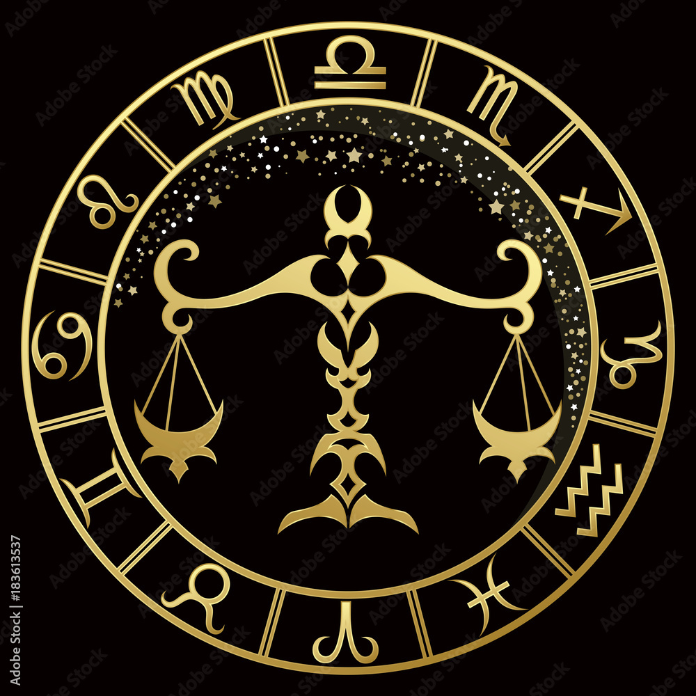 Libra zodiac sign on a dark background with round gold frame Stock ...