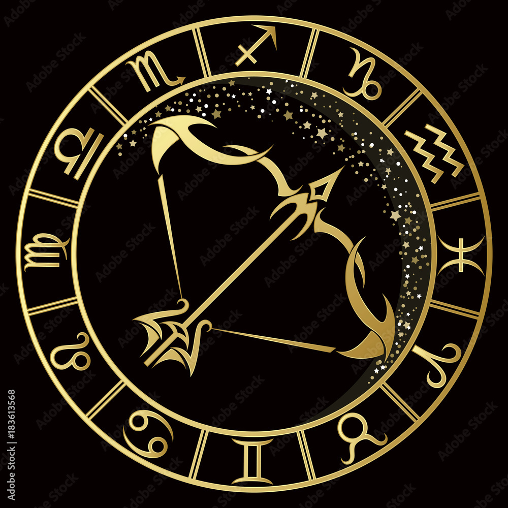 Sagittarius zodiac sign on a dark background with round gold frame ...