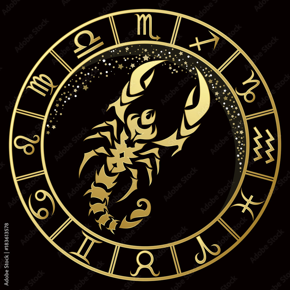 Scorpio zodiac sign on a dark background with round gold frame Stock Vector  | Adobe Stock