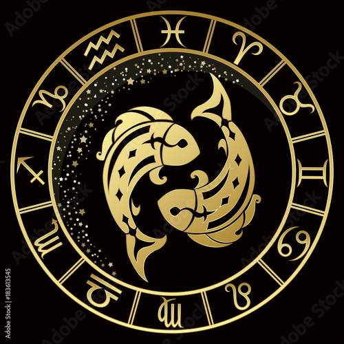 Pisces zodiac sign on a dark background with round gold frame