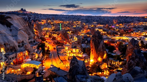 Goreme village in Cappadocia at night in Turkey