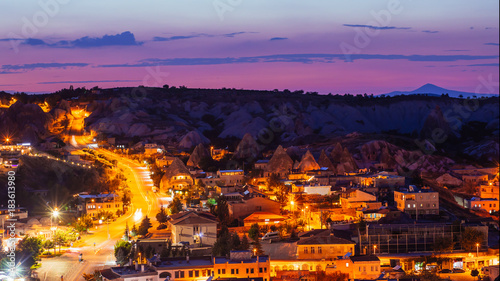 Goreme village with beautiful sky in Cappadocia at night in Turkey