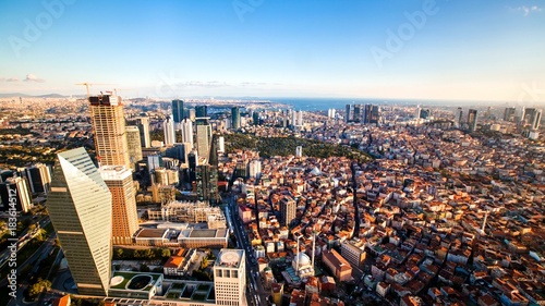 Photography rooftop view of Istanbul business district and Golden horn