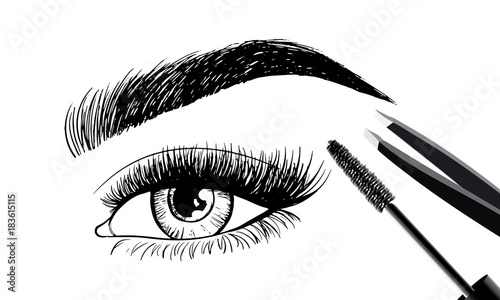 Beautiful eye and eyebrows with set of tools and accessories for care. Brush mascara for eyelashes and tweezers. Vector beauty industry design. Cosmetics logo, label, brand insignia signs template.