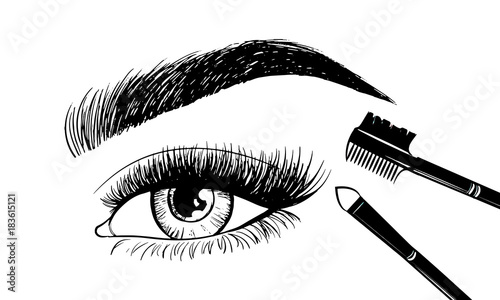 Beautiful eyebrows and open eye with set makeup tools and accessories. Images for the beauty salon with instruments for the master of the eyebrows