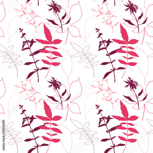 Floral vector seamless pattern with wild flowers, chestnut tree leaves and he...