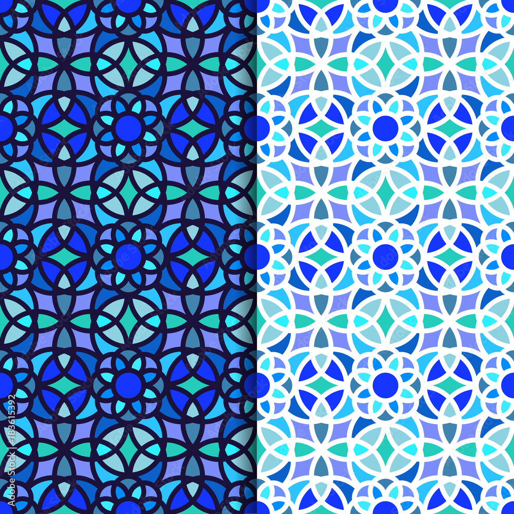 Blue sea tone Stained glass curve pattern seamless vector background