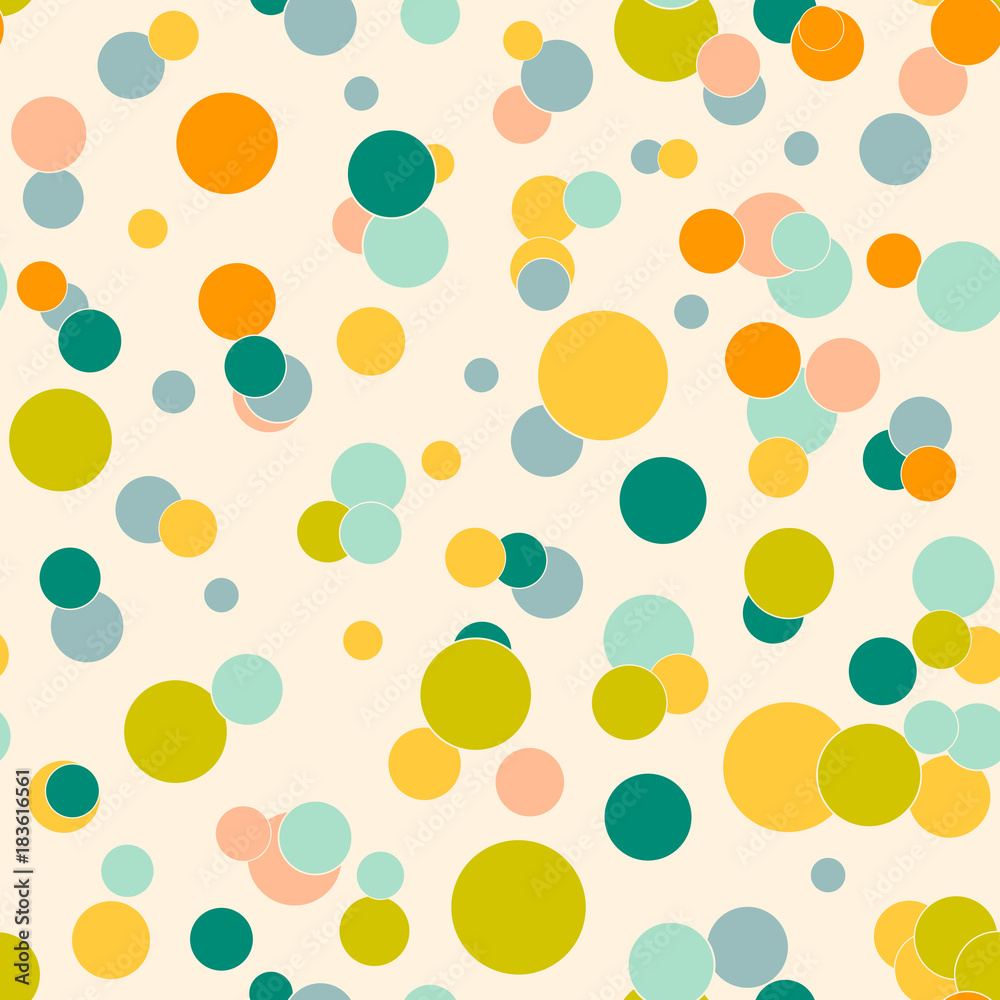 Colorful messy dots on beige background. Festive seamless pattern with round shapes. Grunge dotted texture for wrapping paper, web. Vector illustration.