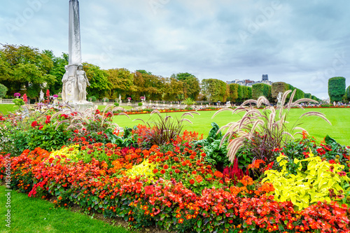 A beautiful colorful flower garden in a large green park in Jardin du Luxembourg in Paris City, France. One of the best destination for holiday for European in Paris.