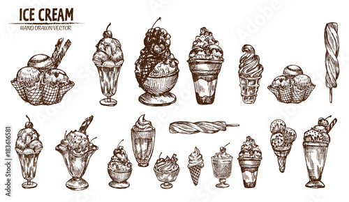 Digital vector detailed line art ice cream in cone