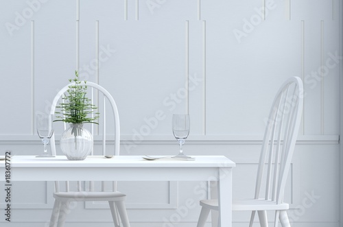 White eating room decorated with tree in vase glass,white chair and desk,window,flower,fork,spoon,wine glass, White wall it is pattern, The sun shines through the window into the shadow. 3d render.