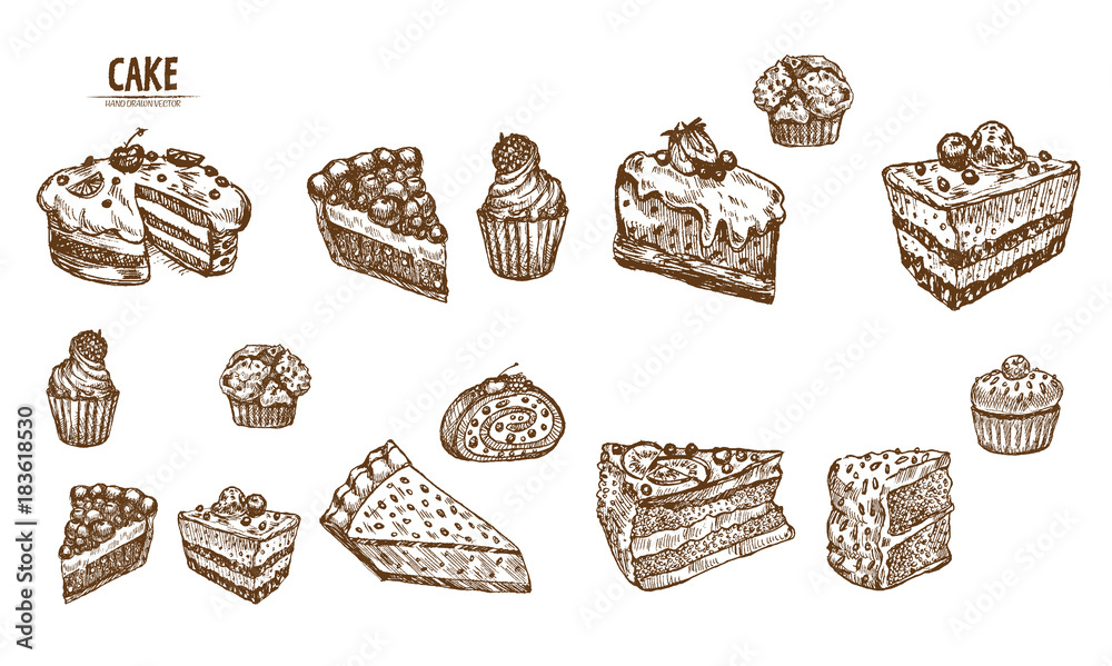 Digital vector detailed line art sliced cake