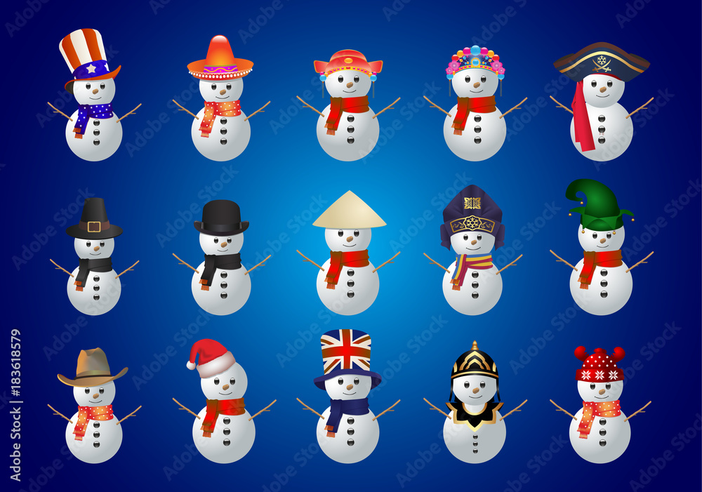 Snowman Vectors,Snowman icon, Pack of snowman with hat